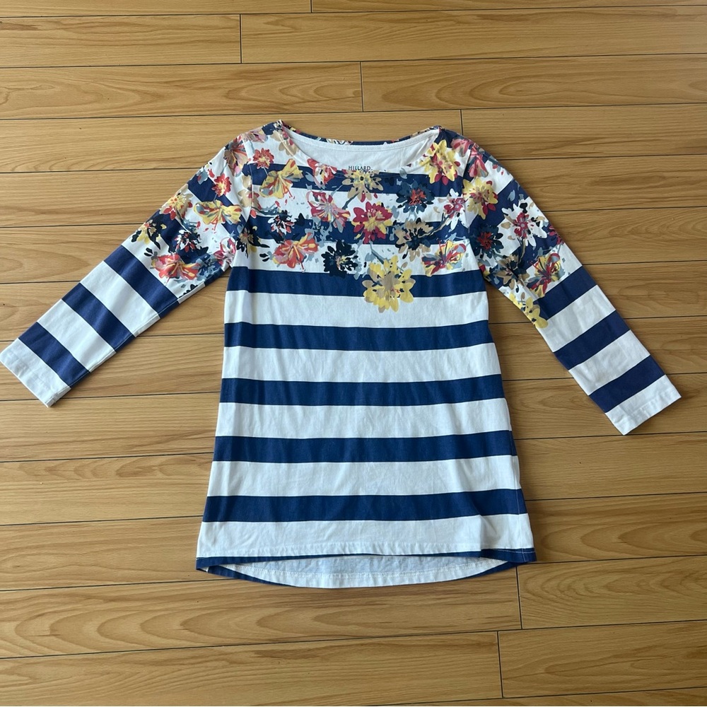 Hillard & Hanson Floral Blouse Blue and White 3/4 Sleeve Fitted Women Size Med